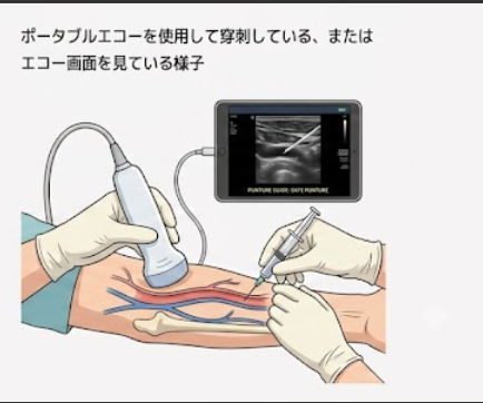 ポータブルエコーを使用して穿刺している様子